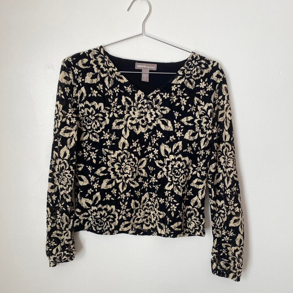 Vintage Floral Print Black and Cream Long Sleeve Women's S